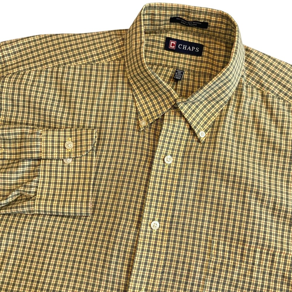 Chaps Shirt Mens Large 16-16.5 32/33 Plaid Button Down Yellow Blue Wrinkle‎ Free